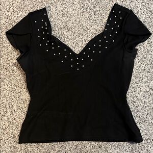 Unique Vintage Black V-Neck Blouse with Pearl Accents